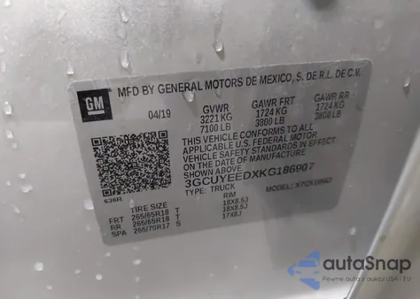 2019 Chevrolet Silverado K1500 Rst z USA, uszkodzony, nr VIN 3GCUYEEDXKG186907